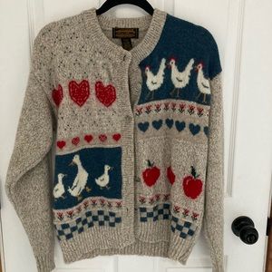 Vintage LL Bean wool cardigan, duck & chicken, L